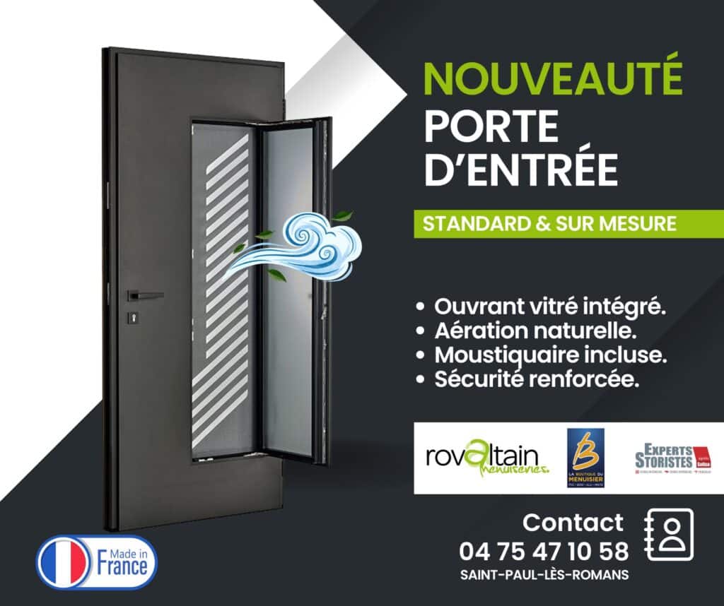 Nouveauté 2026, porte d'entrée avec ouvrant vitré intégré à la porte, avec aération naturelle, avec moustiquaire intégrée et une grille de sécurité.