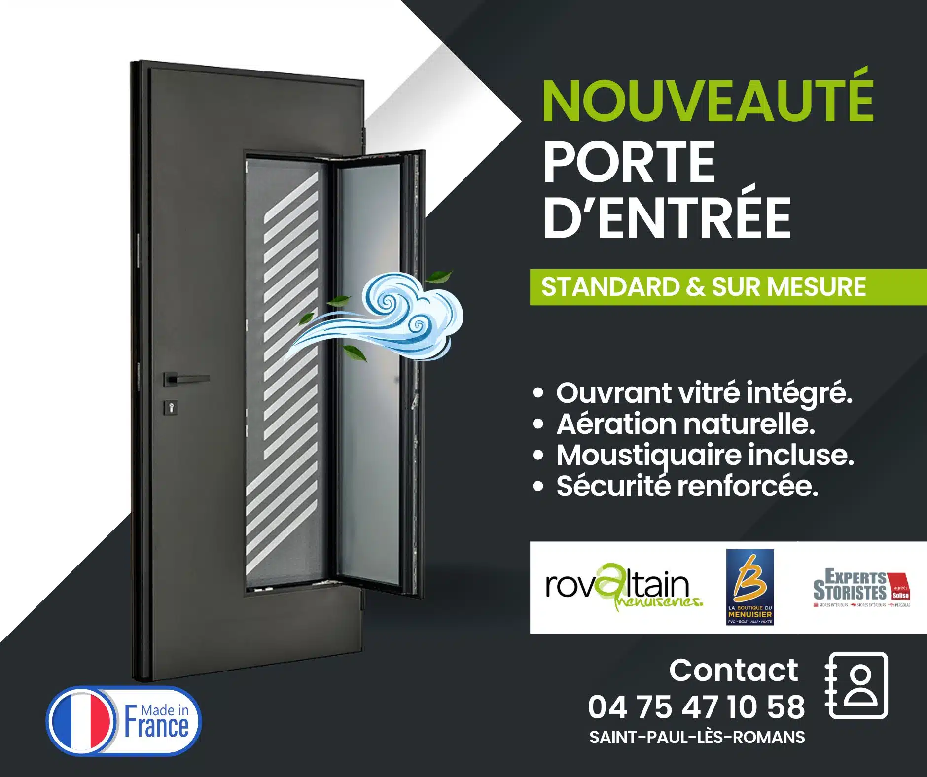 Nouveauté 2026, porte d'entrée avec ouvrant vitré intégré à la porte, avec aération naturelle, avec moustiquaire intégrée et une grille de sécurité.